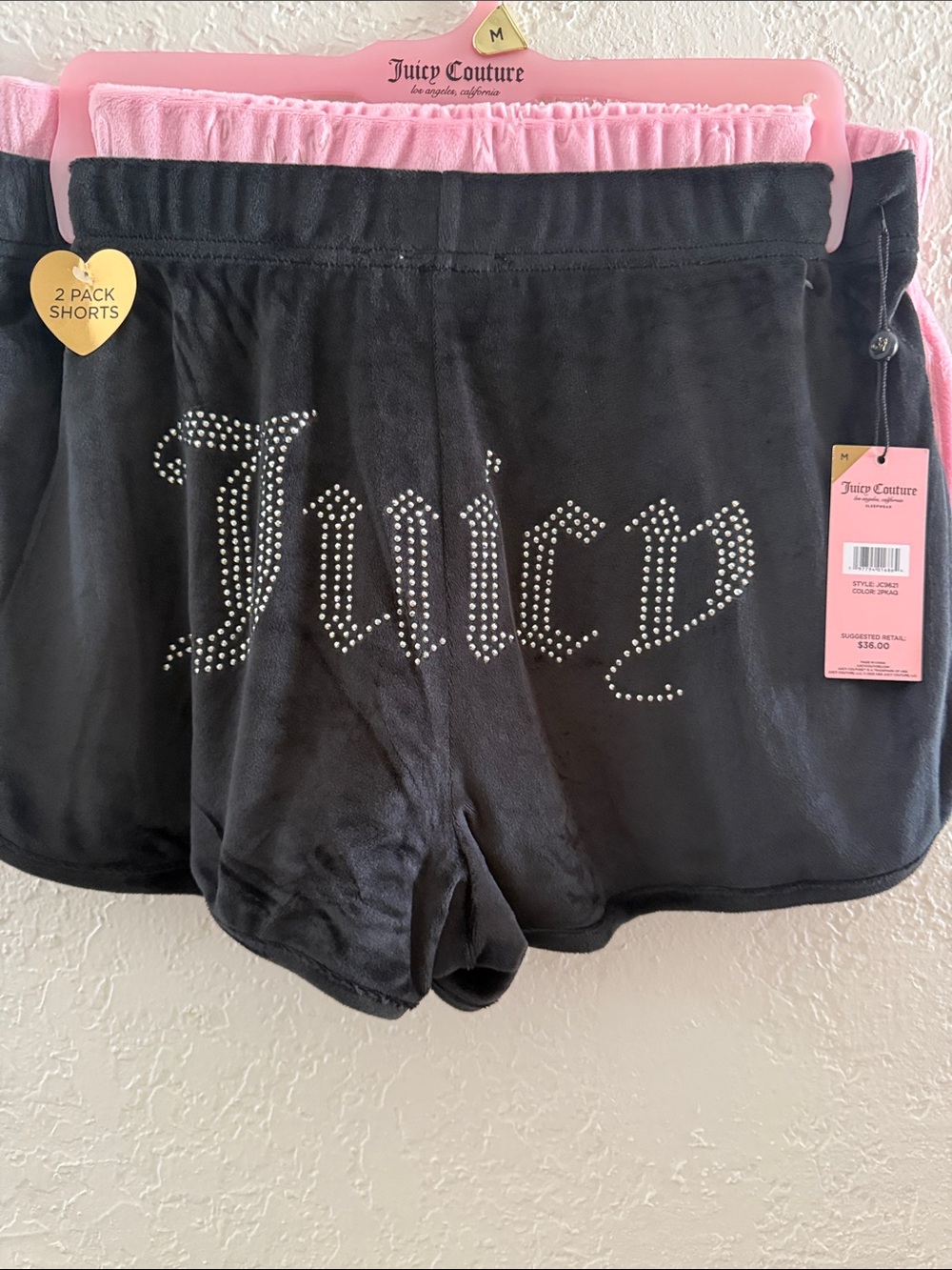 Juicy Couture Medium Black & Pink Velour Rhinestone Logo Shorts - 2-Pack New